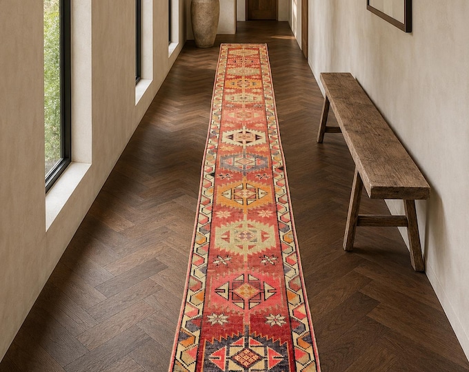 2x13 Vintage Turkish Oushak Runner Rug, Handmade Wool Tribal Geometric Hallway Carpet