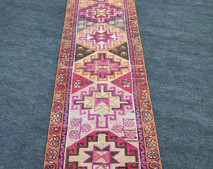 3x10 Vintage Turkish Runner Rug, Pink Orange Tribal Wool Hallway Carpet, Hand Knotted