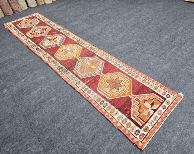 3x13 Vintage Turkish Wool Runner Rug, Burgundy Geometric Tribal Hallway Carpet (3' x 12'9")