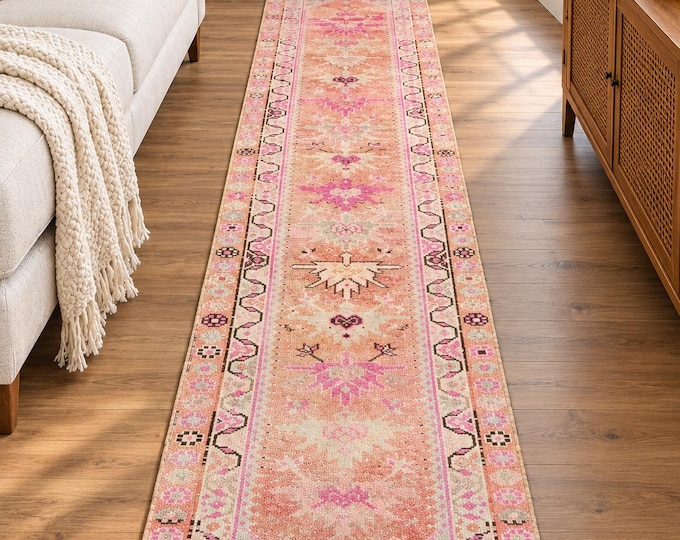 3x12 Vintage Turkish Herki Wool Runner Rug, Faded Blush Pink Geometric Hallway Design