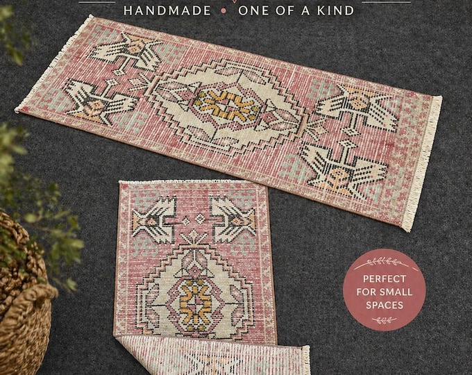 1x3 Vintage Turkish Rug, Handmade Wool Pink Beige Boho Entryway Accent Rug