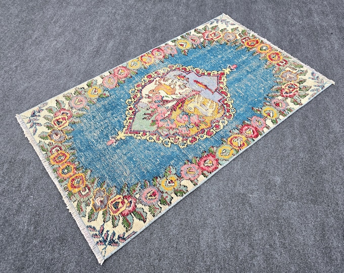 3x4 Vintage Turkish Oushak Rug, Faded Blue Floral Medallion, Colorful Wool Entryway Accent