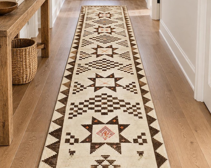 3x12 Vintage Turkish Oushak Runner Rug, Handmade Wool Ivory Brown Geometric Tribal Hallway Carpet