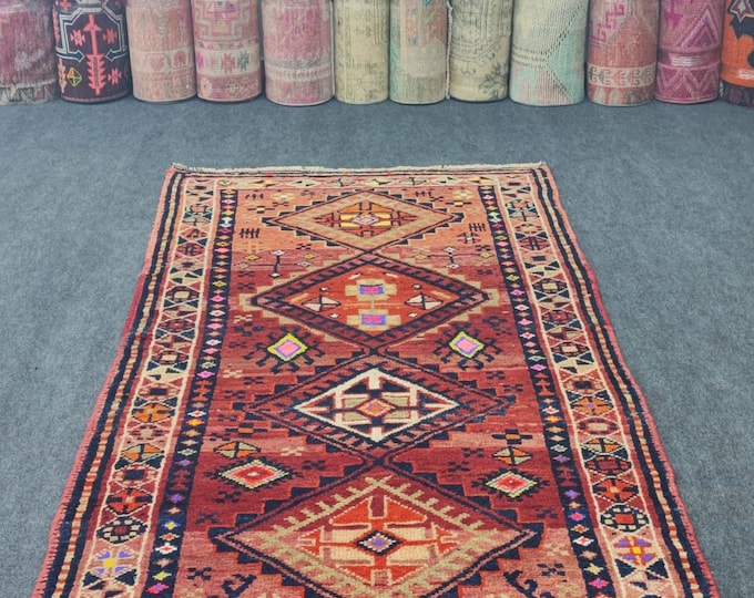4x8 Vintage Turkish Tribal Rug, Rust Red Geometric Hand Knotted Wool Area Rug