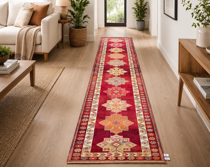 3x15 Vintage Turkish Oushak Runner, Extra Long Red Wool Hallway Rug, Handwoven Geometric Carpet