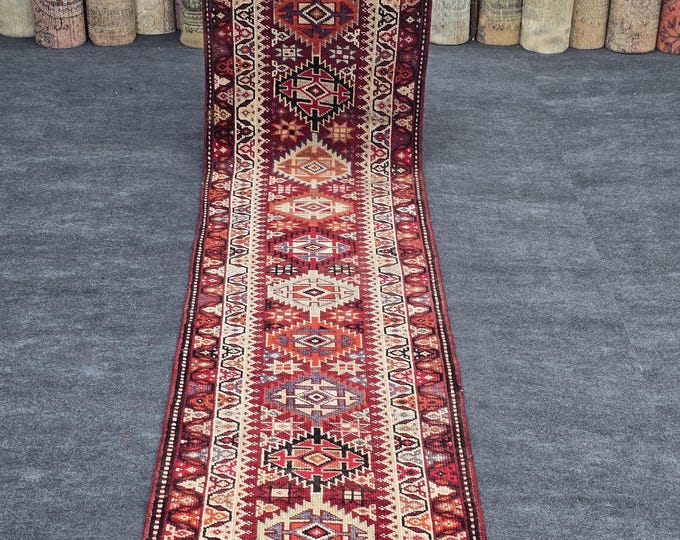 3x12 Vintage Turkish Oushak Wool Runner Rug, Rust Red Geometric Tribal Hallway Carpet