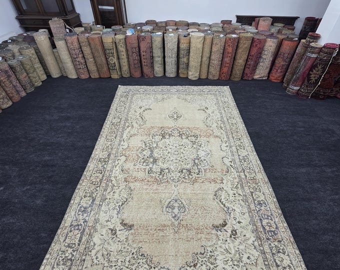 7x11 Vintage Turkish Oushak Wool Rug, Faded Beige Floral Medallion (6'8" x 10'8")