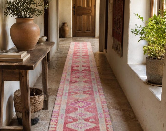 3x23 Vintage Turkish Runner Rug, Faded Pink Red Geometric Wool Extra Long Hallway Carpet