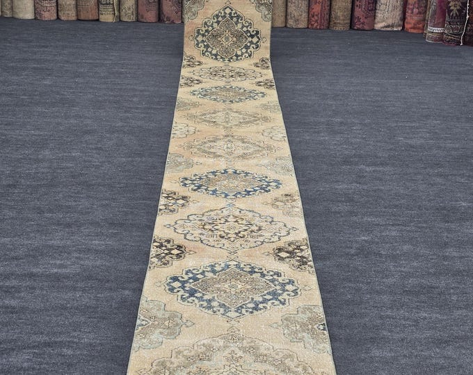 3x25 Vintage Turkish Oushak Runner Rug, Beige Blue Wool Hallway Carpet, 2'7" x 24'5"