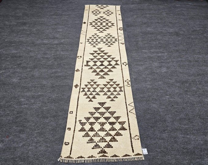 3x10 Cream Brown Wool Runner Rug, 2'6" x 9'11" Handmade Moroccan Style Hallway Rug