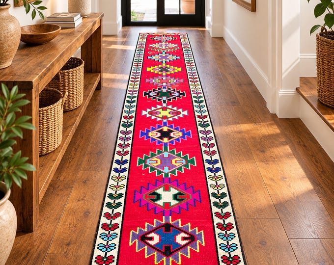 2x12 Vintage Turkish Runner Rug, 2' x 11'11" Vibrant Red Wool Tribal Hallway Carpet
