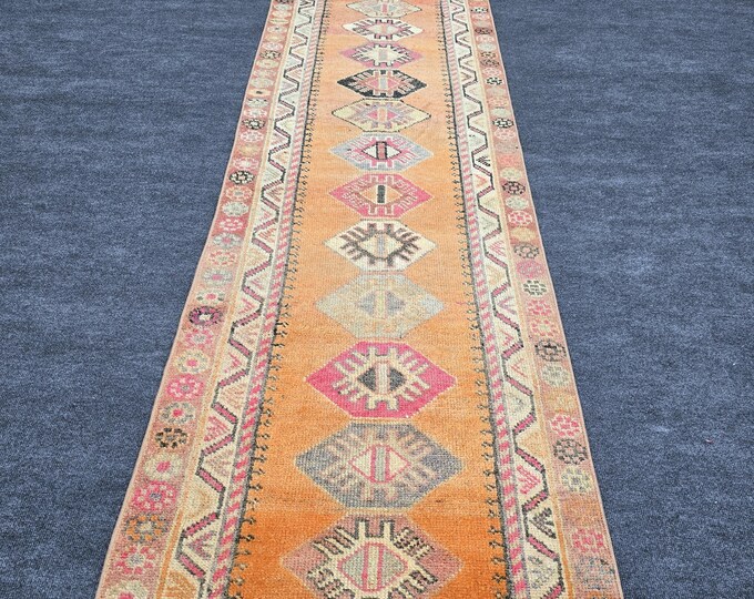 3x10 Vintage Turkish Wool Runner Rug, Faded Orange Oushak Style Hallway Rug (2'7" x 10'2")