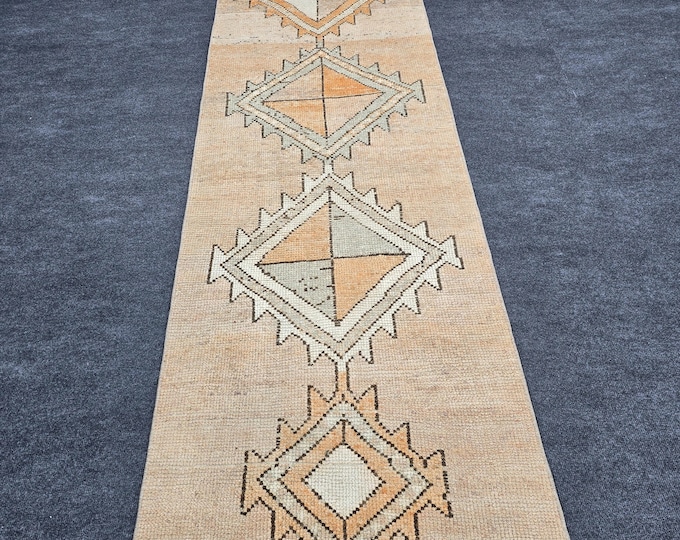 3x11 Vintage Turkish Oushak Runner Rug, Neutral Beige Geometric Wool Hallway Carpet 2'5" × 10'9"