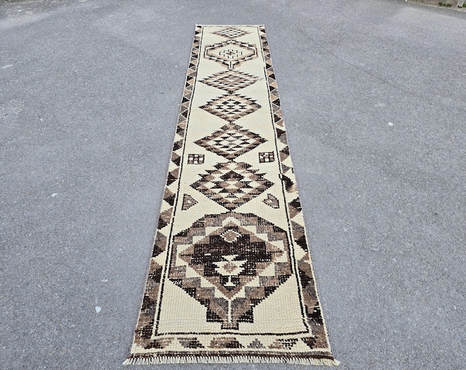 3x12 Vintage Turkish Runner Rug, Cream Brown Geometric Moroccan Style Hallway Rug