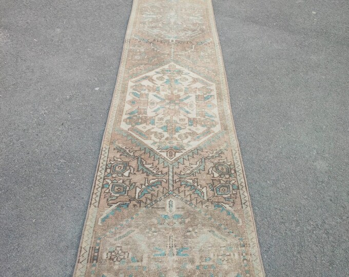 3x11 Vintage Turkish Runner Rug, Beige Teal Geometric Oushak Style Hallway Rug