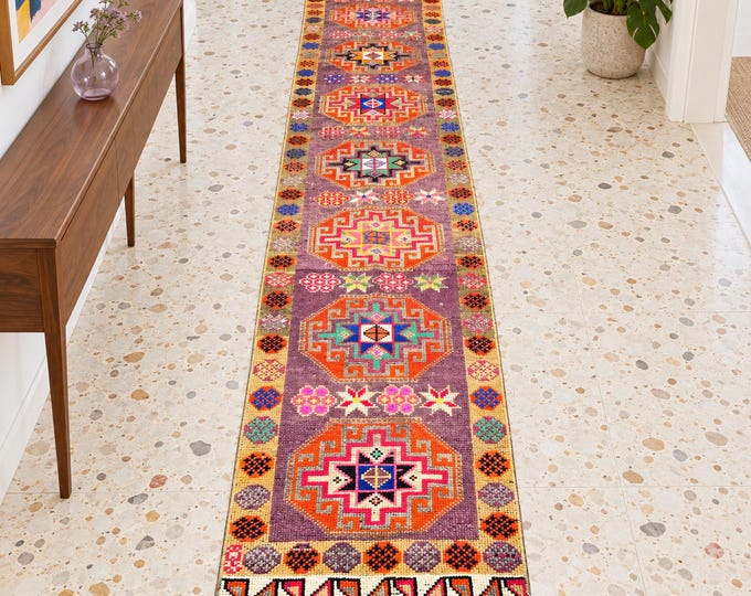 2x12 Vintage Turkish Wool Runner Rug, Multicolor Geometric Tribal Medallions, Anatolian Hallway Decor