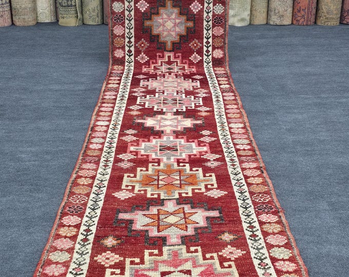 3x13 Vintage Turkish Wool Runner Rug, Red Geometric Hallway Rug (2'11" x 12'11")