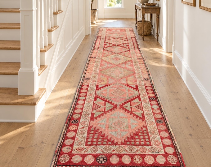3x13 Vintage Turkish Wool Runner Rug, Faded Terracotta Red Geometric Anatolian Design