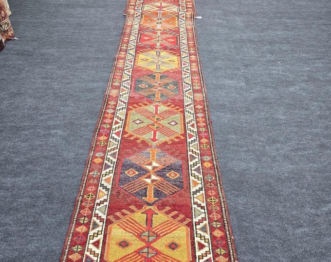 3x25 Vintage Turkish Runner Rug, Extra Long Wool Tribal Geometric Hallway Carpet