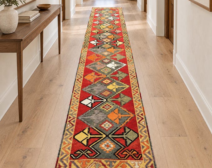 3x14 Turkish Runner Rug, Red Multicolor Geometric Design, Extra Long Hallway Runner