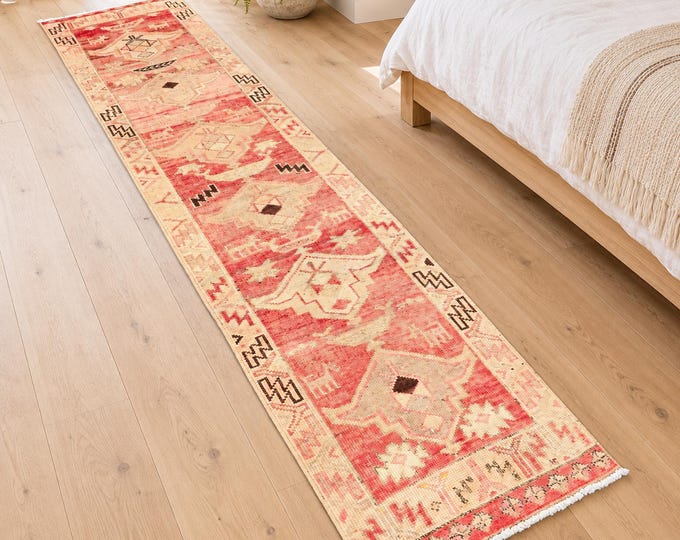 2x10 Vintage Turkish Wool Runner Rug, Faded Blush Red Geometric Anatolian Medallion Decor