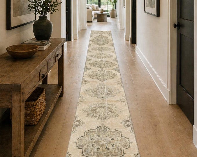 3x26 Vintage Turkish Extra Long Runner Rug, Neutral Beige Medallion, Handmade Wool Oushak