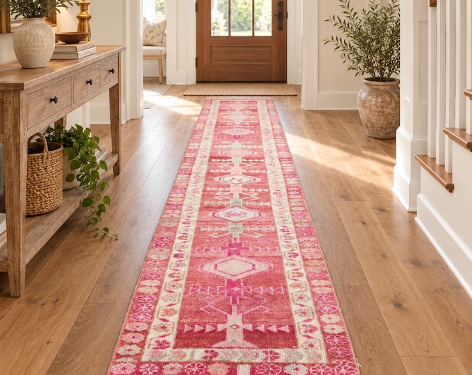 2x13 Vintage Turkish Oushak Runner Rug, Handmade Wool Pink Red Hallway Carpet (2'3" x 12'10")