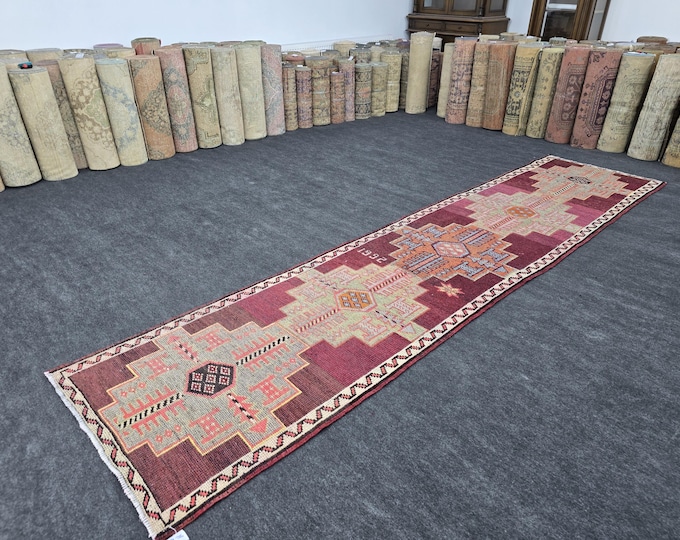 3x13 Vintage Turkish Oushak Runner Rug, Handmade Wool Geometric Hallway Carpet (3' × 12'8")