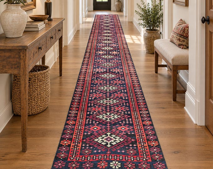 Vintage Herki Wool Runner 3x16, Navy Blue Red Geometric Hallway Rug, Extra Long Runner