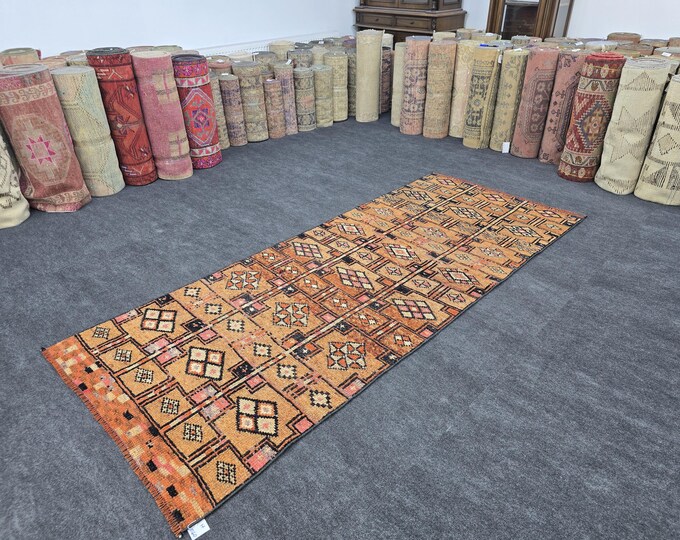 4x9 Vintage Turkish Area Rug, Handmade Wool Geometric Tribal Anatolian Carpet (3'8" × 8'9")