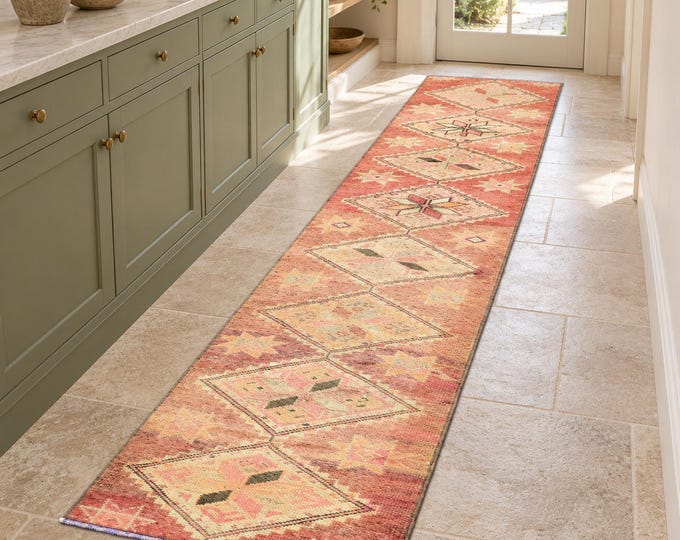 2x11 Vintage Turkish Wool Runner Rug, Faded Peach Salmon Tribal Oushak Hallway Rug