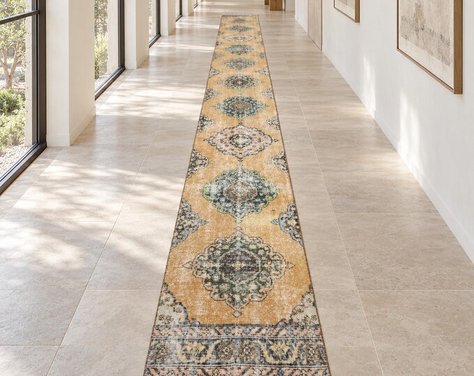 3x24 Vintage Turkish Wool Oushak Runner Rug, Faded Beige Blue Medallions, 2'8" x 24'1"