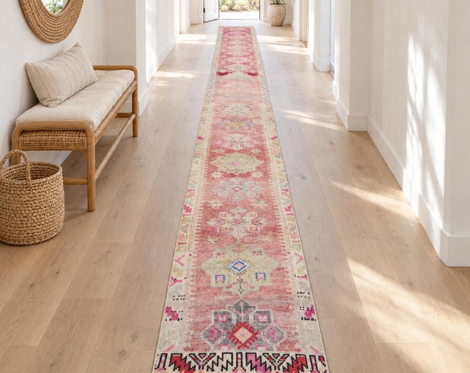 2x24 Vintage Turkish Wool Runner Rug, Pastel Pink Distressed Extra Long Hallway Rug
