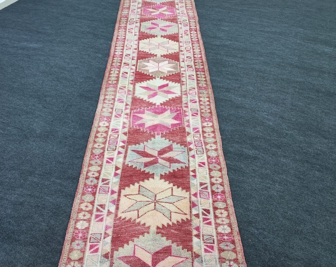 3x15 Vintage Turkish Oushak Runner Rug, Red Pink Geometric Wool Hallway Carpet