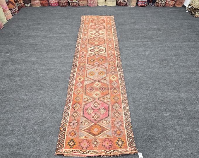 3x11 Vintage Turkish Runner Rug, Pink Terracotta Geometric Hallway Rug, Rustic Boho Entryway Decor