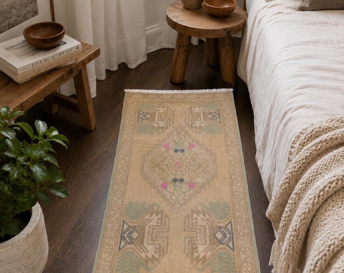 2x4 Vintage Turkish Oushak Rug, Beige Wool Small Runner, Neutral Entryway Accent Rug