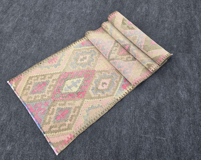 3x10 Vintage Turkish Wool Runner Rug, Faded Pink Green Geometric Oushak, 2'6" x 9'11"