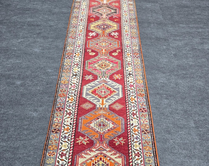 3x12 Vintage Turkish Runner Rug, Handmade Red Tribal Wool Hallway Carpet (2'11" x 12'3")