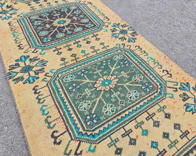 3x21 Vintage Turkish Oushak Runner Rug, Yellow Blue Handmade Wool Extra Long Hallway Runner