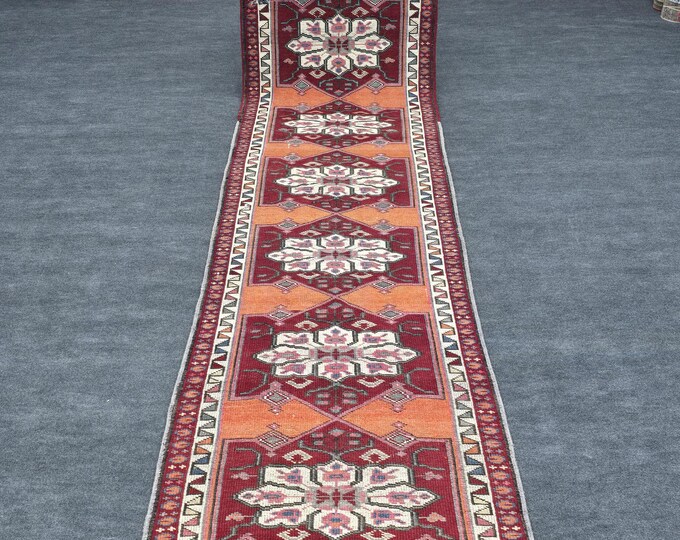 3x14 Vintage Turkish Oushak Wool Runner, Burnt Orange Geometric Hallway Rug (3' x 13'9")