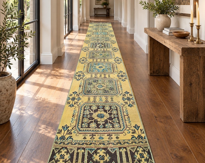3x17 Vintage Turkish Extra Long Runner Rug, Mustard Yellow Geometric Wool Hallway Rug