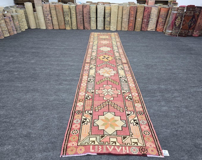 3x14 Vintage Turkish Oushak Wool Runner, Pink Floral Hallway Rug (2'11" x 13'7")