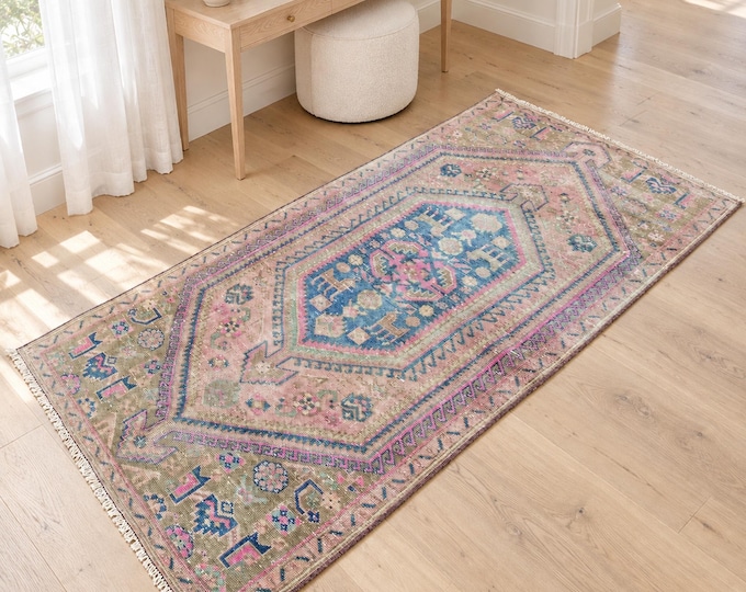 Vintage Turkish Wool Area Rug, Dusty Pink Blue Geometric Oushak Design (3'3" x 5'10")