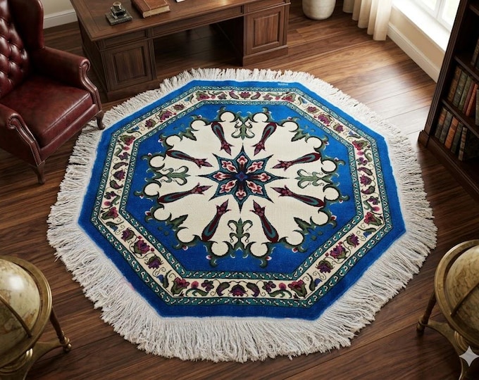 5 Ft Vintage Turkish Wool Octagon Rug, Navy Blue Floral Area Rug, 4'9" Diameter