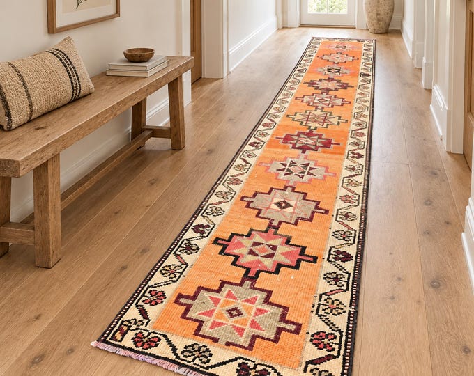 2x12 Vintage Turkish Oushak Runner Rug, Orange Handmade Wool Hallway Rug, 2'1" x 11'10"