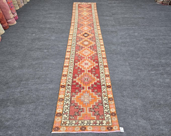 3x14 Vintage Turkish Oushak Wool Runner Rug, Rust Geometric Tribal Hallway Carpet (2'7" x 13'11")