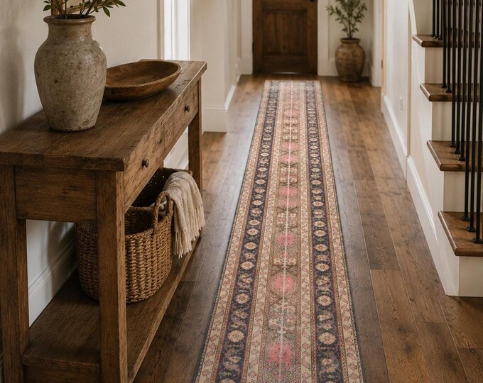2x23 Vintage Runner Rug, Muted Floral Medallions, Extra Long Narrow Hallway Rug