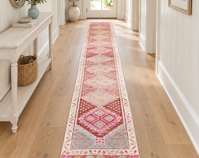 2x12 Vintage Turkish Oushak Runner Rug, Handmade Wool Faded Pink Beige Geometric Hallway Rug