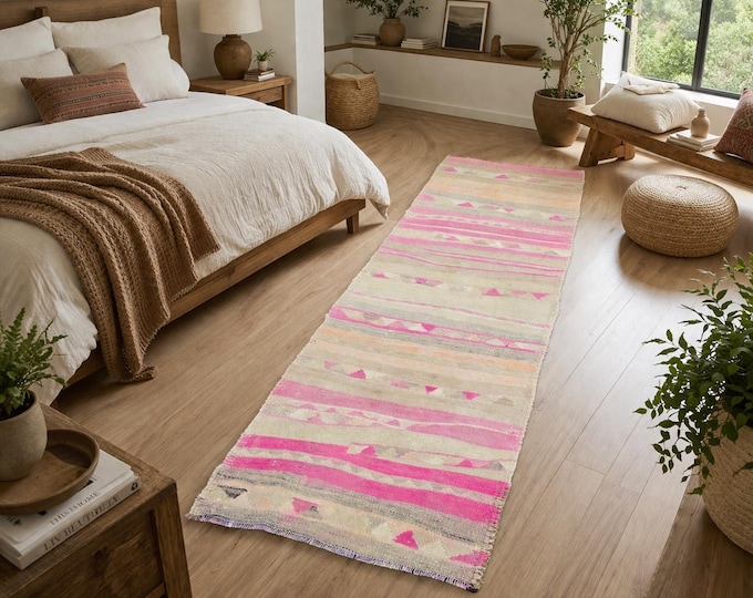 3x10 Vintage Turkish Kilim Runner Rug, Pink Beige Wool Flatweave Hallway Carpet