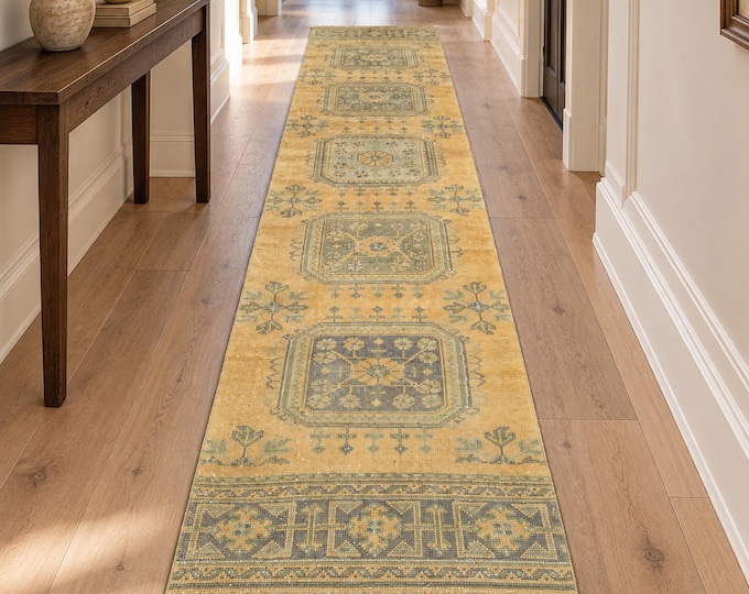 Vintage Turkish Oushak Runner Rug, Yellow Gray Handmade Wool, 2'6" x 12' Hallway Runner